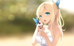  aqua_eyes blonde_hair blurry bokeh boku_wa_tomodachi_ga_sukunai breasts butterfly_hair_ornament cait cherry cleavage depth_of_field dress eating food fruit hair_ornament highres ice_cream kashiwazaki_sena open_mouth outdoors ponytail solo wallpaper 