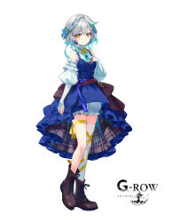  1girl aqua_hair bloomers blue_dress blue_skirt boots braid brown_footwear closed_mouth commentary_request cross-laced_footwear detached_sleeves dress expressionless full_body grey_hair hair_between_eyes hand_on_own_chest high-low_skirt highres jewelry lace-up_boots looking_at_viewer medium_skirt mimir_(phantom_of_the_kill) neck_ribbon necklace official_art phantom_of_the_kill plaid_clothes plaid_skirt ribbon second-party_source shibuhiko short_hair simple_background single_thighhigh skirt solo solo_focus standing thigh-highs two-sided_fabric two-sided_skirt white_background white_thighhighs yellow_eyes yellow_ribbon 