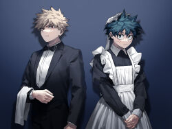  2boys alternate_costume apron arm_at_side bakugou_katsuki black_bow black_bowtie black_shirt blonde_hair blue_background blue_eyes blue_hair boku_no_hero_academia bow bowtie bright_pupils carrying check_clothing clothing_request collared_shirt crossdressing cut_(nifuhami_35) dress_shirt enmaided expressionless formal freckles frilled_apron frills frown green_hair green_pupils hair_between_eyes hand_up hat juliet_sleeves lapels long_sleeves looking_to_the_side maid maid_apron male_focus male_maid midoriya_izuku mob_cap multiple_boys notched_lapels own_hands_together pocket puffy_sleeves red_eyes shadow shirt side-by-side sideways_glance sleeve_cuffs spiky_hair split_mouth standing suit towel towel_on_arm tsurime upper_body v_arms white_apron white_shirt wing_collar 