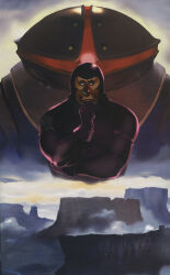  1980s_(style) 1boy acguy akahana canyon clouds desert dust_cloud gloves glowing glowing_eye gundam hand_on_own_chin highres mecha mobile_suit mobile_suit_gundam mobile_suit_gundam_the_origin o'neill_cylinder one-eyed painting_(medium) parody pilot_suit retro_artstyle robot space_habitat spacecraft_interior style_parody thinking traditional_media violet_eyes watercolor_(medium) yasuhiko_yoshikazu zeon 