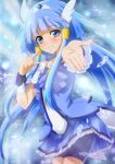  aoki_reika bike_shorts blue blue_background blue_dress blue_eyes blue_hair blush cure_beauty dress hair_tubes head_wings highres ice long_hair noa_p outstretched_hand payot pointing precure shorts_under_skirt skirt smile smile_precure! tiara 