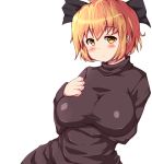  arm_up blonde_hair blush bow breasts brown_dress dress hair_bow hand_on_own_chest huge_breasts kurodani_yamame large_breasts moisture moisture_(chichi) solo sweater touhou yellow_eyes 