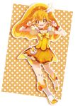  bike_shorts blonde_hair blush boots bow chiyo_(rotsurechiriha) choker cure_peace double_v dress frills hair_ornament hairpin highres kise_yayoi long_hair magical_girl open_mouth orange_(color) orange_background polka_dot polka_dot_background precure puffy_sleeves shorts_under_skirt skirt smile smile_precure! solo teeth v wings wrist_cuffs yellow yellow_dress yellow_eyes 