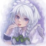  :p ascot blue_eyes braid bukimi_isan bust face hand_to_mouth head_tilt highres izayoi_sakuya looking_at_viewer maid maid_headdress solo tongue tongue_out touhou twin_braids white_hair wristband 