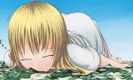  blonde_hair blush closed_eyes cloud destruction eyes_closed giantess highres landscape long_hair lying mountain original shirt sky sleeping solo terada_ochiko white_shirt 