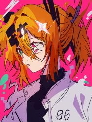  1girl a.i._voice adachi_rei alternate_eye_color alternate_hairstyle bandaid_on_eye black_shirt diffraction_spikes grey_eyes hair_between_eyes heterochromia highres jacket looking_ahead medium_hair open_clothes open_jacket open_mouth orange_hair pink_background pink_eyes ponytail radio_antenna s5ju shirt sidelocks simple_background solo sparkling_eyes text_hair_ornament tougenkyou_e_ikou_(utau) turtleneck turtleneck_shirt upper_body utau white_jacket wide-eyed 