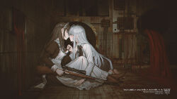  2girls antenna_hair apron ascot barefoot black_ascot black_dress black_hair black_nails collared_shirt commentary_request dress earrings face-to-face frills grate gun high-waist_skirt highres holding holding_gun holding_knife holding_weapon imminent_kiss jewelry knife long_hair long_sleeves looking_at_another maid maid_apron maid_headdress multiple_girls original pantyhose rifle sewer shirt sidelocks sitting skirt sniper_rifle tile_floor tiles translation_request waist_apron weapon white_hair yuri yurichtofen 