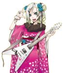  blue_eyes electric_guitar flower guitar hair_flower hair_ornament hair_ribbon hairclip instrument japanese_clothes kimono nail_polish nitto original ribbon shiro_(nitto) solo tenco_(nitto) white_hair 