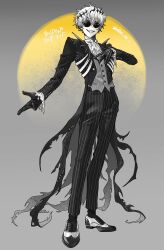  1boy absurdres bishounen black_crown black_footwear black_pants coattails crown dated diamond_hairband formal full_moon gloves halloween hand_on_own_chest highres jacket long_sleeves looking_at_viewer male_focus mayumaro0129 moon moonlight october orange_eyes pants pinstripe_jacket pinstripe_pattern pinstripe_suit pinstripe_vest ribs ringed_eyes round_eyewear short_hair skeleton skeleton_print skully_j._graves smile smirk solo stitches striped_clothes striped_jacket striped_vest suit sunglasses twisted_wonderland vertical-striped_clothes vertical-striped_vest vest white_hair 