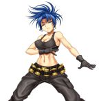  bandolier black_gloves blue_eyes blue_hair breasts cleavage crop_top earrings explosive fighting_stance gloves grenade jewelry king_of_fighters leona_heidern long_hair midriff muscle navel pants ponytail shunzou snk solo tank_top toned 