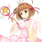  card_captor_sakura cardcaptor_sakura child dress green_eyes hoshi_no_tsue kinomoto_sakura magical_girl sena_(piyotan79) short_hair wand wings 