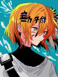  1girl a.i._voice adachi_rei alternate_costume alternate_eye_color bandaid bandaid_on_face black_undershirt blue_background closed_mouth expressionless floating_hair grey_eyes grey_ribbon grey_sweater hair_ribbon highres looking_ahead one_side_up orange_hair ribbon s5ju short_hair shoulder_strap shuuten_chi_e_kiete_(utau) simple_background solo star_(symbol) star_in_eye sweater symbol_in_eye text_hair_ornament upper_body utau 