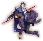  2boys bangs blue_hair brown_eyes brown_hair carrying cross cross_necklace earrings fate/stay_night fate_(series) gae_bolg jewelry kotomine_kirei lancer long_hair male multiple_boys necklace parted_bangs pauldrons polearm ponytail red_eyes spear weapon zihad 