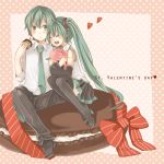  1girl boots closed_eyes detached_sleeves eyes_closed genderswap green_eyes green_hair hatsune_miku hatsune_mikuo headset heart high_heels long_hair mitsuka necktie open_mouth shoes sitting skirt thigh-highs thigh_boots thighhighs valentine very_long_hair vocaloid 