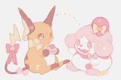  :3 :o animal_focus bow bowtie brown_eyes colored_sclera heart highres looking_at_another no_humans orange_fur pink_bow pink_bowtie pink_eyes pink_hair poke_puff pokemon pokemon_(creature) raichu simple_background slurpuff star_(symbol) sukinadake tail tail_bow tail_ornament tongue tongue_out two-tone_fur white_background white_fur yellow_bow 