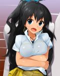  black_hair blue_eyes blue_ribbon breast_hold breasts couch earrings fang floor from_above ganaha_hibiki hair_ribbon idolmaster jewelry kaisenn long_hair looking_at_viewer lying on_back open_mouth patterned pendant ponytail ribbon sash shirt smile solo very_long_hair 