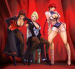  :p bent_over blonde_hair blue_eyes boots breasts chair choker cleavage cleavage_cutout earrings hair_bun hair_over_eyes hand_on_hip hand_on_thigh hips jewelry king_of_fighters large_breasts leaning_on_person long_hair long_skirt mature_(kof) miniskirt multiple_girls pantyhose red_hair redhead saturn-freak shermie short_hair sitting skirt snk thighs tongue vice 