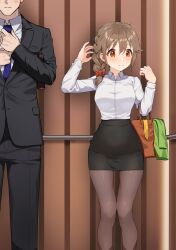  1boy 1girl adjusting_clothes adjusting_hair black_skirt black_suit blush braid braided_ponytail breasts brown_hair brown_pantyhose elevator eyes_out_of_frame feet_out_of_frame formal highres idolmaster idolmaster_cinderella_girls jacket kamille_(vcx68) medium_breasts necktie pantyhose pencil_skirt producer_(idolmaster) senkawa_chihiro shirt shirt_tucked_in skirt suit unworn_jacket unworn_necktie white_shirt 