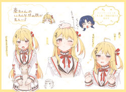  >_< 2girls ahoge blonde_hair blue_hair blush border brown_dress closed_eyes commentary_request dress hair_ornament hair_ribbon headpat highres hololive hololive_dev_is jacket long_hair long_sleeves multiple_girls multiple_views musical_note musical_note_hair_ornament neck_ribbon one_eye_closed open_mouth otonose_kanade otonose_kanade_(1st_costume) piano_print red_eyes red_ribbon ribbon side_ponytail sweatdrop translation_request virtual_youtuber white_jacket yellow_border yukihata_syu3 