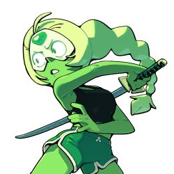  1girl alien alternate_costume blonde_hair braid braided_ponytail casual colored_skin cowboy_shot crop_top discount-supervillain face_shield forehead_jewel gem gem_(steven_universe) green_shorts green_skin holding holding_sword holding_weapon katana peridot_(steven_universe) shorts simple_background solo steven_universe sword tank_top transparent_background v-shaped_eyebrows weapon 