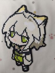  1girl absurdres arknights cat_girl chinese_commentary coat commentary_request deformed dress full_body green_dress green_eyes green_hair highres kal'tsit_(arknights) lab_coat looking_at_viewer open_clothes open_coat perler_beads_(medium) photo_(medium) solo unconventional_media yiyuan1231 