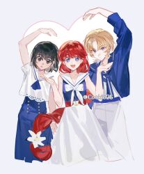  1boy 2girls akizuki_luca ascot black_eyes black_hair blonde_hair blue_ascot blue_bow blue_eyes blue_jacket blue_skirt bow commentary flower hair_flower hair_ornament heart_arms heart_arms_duo highres jacket lara_(sayonara_lara) long_hair long_sleeves multiple_girls ootsu_mari red_hair sailor_collar sayonara_lara shirt short_hair skirt sleeveless tongxi65938_(mo_zuoren) twitter_username untranslatable_commentary very_long_hair white_flower white_sailor_collar white_shirt 