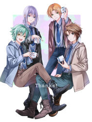  4boys ankle_boots aqua_hair blue_eyes boots box brown_eyes brown_hair commentary_request drawstring english_text eyes_rutherford gift gift_box green_eyes grey_hair highres holding holding_gift hood hooded_jacket invisible_chair jacket kanone_hilbert lace-up_boots looking_at_viewer male_focus mizuno_eita mizushiro_hizumi multiple_boys narumi_ayumu necktie official_artist_extra open_clothes open_jacket pants short_hair sidelocks simple_background sitting smile spiral_(manga) suspenders thank_you white_background yellow_eyes 