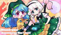  2girls apron arm_ribbon black_bow black_bowtie black_hairband blue_eyes blue_hair blue_ribbon blush bow bowtie closed_mouth collared_shirt commentary commission dress english_commentary english_text frilled_skirt frills green_apron green_headscarf green_skirt green_vest grey_hair hairband haniyasushin_keiki harunori_(hrnrx) headscarf highres hitodama holding_tool jewelry katana konpaku_youmu konpaku_youmu_(ghost) long_hair magatama magatama_necklace multiple_girls necklace object_in_pocket pink_eyes pocket ribbon shirt short_hair single_strap skeb_commission skirt skirt_set sword sword_on_back thank_you tools touhou vest weapon weapon_on_back white_shirt wood_carving_tool yellow_dress 