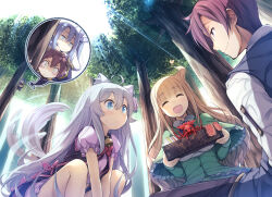  2boys 3girls animal_ears bento blue_eyes blue_hair brown_hair cheat_kusushi_no_slow_life commentary_request drooling ezil_(cheat_kusushi_no_slow_life) forest grey_hair holding holding_bento horns kirio_reiji lobster long_hair matsuuni mina_(cheat_kusushi_no_slow_life) multiple_boys multiple_girls nature noela_(cheat_kusushi_no_slow_life) novel_illustration official_art open_mouth outdoors peeking smile sweat tail tail_wagging tree vivi_(cheat_kusushi_no_slow_life) 