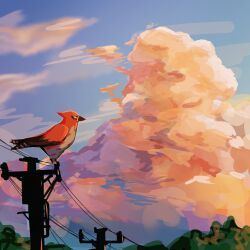 bird clouds commentary_request cumulonimbus_cloud dusk from_side highres musou_s no_humans outdoors pokemon pokemon_(creature) pokemon_focus power_lines profile sky talonflame tree utility_pole 