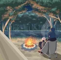 1girl blue_hair boots brown_boots campfire camping camping_chair chair commentary_request cup folding_chair forest from_behind full_body hair_bun holding holding_cup huge_hair_bun kirara_fantasia lake long_sleeves mug nature night outdoors shima_rin single_hair_bun sitting sky solo star_(sky) starry_sky tent tomonohebi tree yurucamp