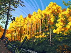  animal artist_name autumn bird blue_sky clear_sky colorful commentary day english_commentary fence forest landscape michspich nature no_humans original outdoors owl pixel_art scenery sky tree wooden_fence 