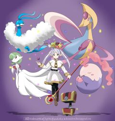  1girl absurdres altaria antennae belt black_belt black_pantyhose blush blush_stickers boots brown_boots capelet closed_eyes colored_sclera comfey commentary cresselia crossover dream_ball dress earrings elf email_address english_commentary eyelashes facebook_logo facebook_username floating flower frieren full_body gardevoir gimmighoul gimmighoul_(chest) green_eyes highres holding holding_staff instagram_logo instagram_username jewelry long_hair long_sleeves mega_gardevoir mega_pokemon musharna open_mouth pantyhose pink_flower pink_sclera pointy_ears poke_ball pokemon_(creature) pokemon_team purple_background red_eyes red_flower shadow smile sousou_no_frieren staff twitter_logo twitter_username white_capelet white_dress white_eyes white_flower white_hair wolfspiderlex yellow_flower 