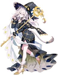  1girl absurdres ahoge animal_ears bare_shoulders black_dress black_hat black_nails braid breasts claw_pose closed_mouth dress full_body gold_shoes grey_eyes grey_hair hand_up hat highres holding holding_staff hololive ibara_riato jewelry juliet_sleeves large_breasts lion_ears lion_girl lion_tail long_dress long_hair long_sleeves looking_at_viewer mage_staff magical_girl messy_hair nail_polish off_shoulder official_alternate_costume official_art puffy_sleeves second-party_source shishiro_botan shoes side_slit sidelocks simple_background single_braided_sidelock smile solo staff standing standing_on_one_leg tail thighlet transparent_background two-sided_dress two-sided_fabric two_side_up virtual_youtuber wide_brim witch_hat 