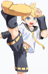  1boy arm_warmers asuka_shirou belt black_sailor_collar black_shorts blonde_hair blue_eyes commentary_request high_kick highres kagamine_len kicking leg_warmers looking_at_viewer male_focus midriff_peek navel necktie open_mouth sailor_collar shirt short_sleeves shorts simple_background solo v-shaped_eyebrows vocaloid white_background white_shirt yellow_belt yellow_necktie 