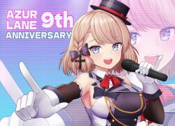  1girl aiguillette azur_lane bare_shoulders blue_eyes bow breasts brown_hair brown_sleeves collared_shirt commentary_request detached_sleeves english_text gloves hat idol medium_breasts medium_hair microphone mini_hat multiple_views official_alternate_costume open_mouth outstretched_arm plaid_bow shirt sigeranai sleeveless sleeveless_shirt solo tilted_headwear upper_body white_gloves z23_(azur_lane) z23_(serious_idol_@acting_manager?!)_(azur_lane) 