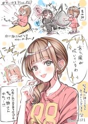  3girls :d animification blush chibi chibi_inset clothes_writing collarbone commentary_request flower grey_eyes hair_flower hair_ornament hanamiya_nina hashtag highres love_live! love_live!_hasu_no_sora_jogakuin_school_idol_club meiji_(mosamoo3) multiple_girls multiple_views nirei_nozomi nonaka_kokona open_mouth real_life red_flower red_shirt seeno_de!_hasu_no_sora! shirt smile sparkle standing tassel tassel_hair_ornament twitter_username voice_actor 