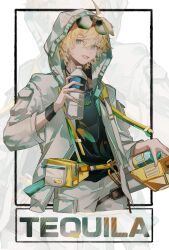  1boy absurdres ahoge animal_ears arknights black_shirt blonde_hair blue_eyes bottle character_name chinese_commentary commentary_request dog_boy dog_ears eyewear_on_head green-tinted_eyewear hair_between_eyes highres holding holding_bottle hood hood_up hooded_jacket jacket jewelry long_sleeves looking_at_viewer male_focus messy_hair mido_(mido_chen) multiple_necklaces necklace open_clothes open_jacket open_mouth pouch shirt smile solo sunglasses tequila_(arknights) thick_eyebrows tinted_eyewear water_bottle water_gun white_jacket zoom_layer 