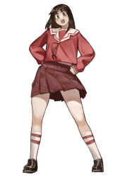  1girl :d absurdres azumanga_daioh blush brown_eyes brown_hair brown_shoes clenched_hands commentary_request flat_chest from_below hands_on_own_hips highres kasuga_ayumu kneehighs long_hair looking_at_viewer miao_jiangyou pleated_skirt red_shirt red_skirt sailor_collar shirt shoes simple_background skirt smile socks solo spread_legs white_background white_sailor_collar white_socks 