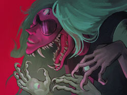  1girl absurdres alexandrite_(steven_universe) alien colored_skin extra_arms extra_mouth forehead_jewel gem gem_(steven_universe) highres long_hair magnumopos monster_girl open_mouth pointy_nose red_skin redrawn sharp_teeth smile solo steven_universe sunglasses teeth 
