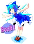  1girl 2ch blue_eyes blue_hair bow bu-n cirno hair_bow highres outstretched_arms ribbon solo spread_arms sw touhou wings 