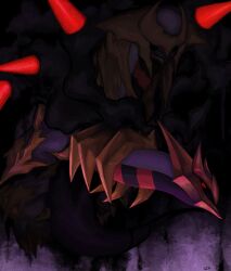  absurdres armor black_sclera clouds colored_sclera dark_cloud distortion distortion_world dragon fake_horns ghost_type_theme_(pokemon) giratina giratina_(origin) glowing glowing_eyes highres horned_headwear horns no_humans pokemon pokemon_(creature) pokemon_diamond/pearl/platinum pokemon_focus pokemon_platinum riotono_0643 spiked_armor spikes 