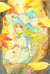  1girl apron back_bow blonde_hair blue_hat blue_skirt blue_vest bow braid commentary_request falling_leaves ginkgo_leaf green_bow hair_bow hat hat_bow highres kirisame_marisa leaf long_hair looking_at_viewer open_mouth puffy_short_sleeves puffy_sleeves short_sleeves side_braid single_braid sitting_on_branch skirt smile solo touhou traditional_media vest waist_apron white_apron white_bow witch_hat yellow_eyes yuzuari4649 