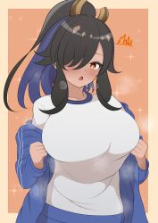  1girl absurdres an15 black_hair blue_hair blue_jacket blue_pants border breasts breath colored_inner_hair commentary_request dark-skinned_female dark_skin dragon_musume_ni_naritakunai! duel_masters gym_uniform hair_ornament hair_over_one_eye high_ponytail highres jacket jacket_partially_removed large_breasts long_hair multicolored_hair official_alternate_hairstyle open_mouth orange_eyes outside_border pants ponytail sava_k_zeos shirt signature solo sweat track_jacket white_shirt 