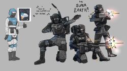  4others ammunition_pouch armor assault_rifle asseiiy backpack bag black_boots black_gloves blush boots bulletproof_vest bullpup camouflage commentary cuisses english_commentary english_text firing gloves goggles greaves gun helldivers_(series) highres light_machine_gun machine_gun multiple_others on_one_knee pauldrons pouch radio radio_antenna rifle rocket_launcher seaf_soldier_(helldivers) shell_casing shoulder_armor thumbs_up vambraces weapon 