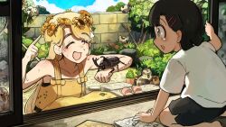  2girls :d absurdres baby_animal bandaid barefoot bird black_hair black_shorts blonde_hair bug chicken closed_eyes cockroach diva_(hyxpk) dress duck duckling english_commentary flower highres multiple_girls original pencil pink_slippers rhinoceros_beetle shirt shorts slippers smile spider_lily sunflower unworn_slippers white_shirt yellow_dress 