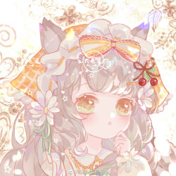  1girl :o animal_ears bow brown_hair brown_ribbon buttons cat_ears cat_girl cherry_hair_ornament chinese_commentary collared_shirt commentary_request commission country_lolita curious daisy_(flower) eyelashes floral_background flower food-themed_hair_ornament frilled_hairband frilled_headwear frilled_sleeves frills green_eyes green_ribbon hair_bow hair_flower hair_ornament hair_ribbon hairband hairclip hand_on_own_cheek hand_on_own_face headscarf heart heart_in_eye lace-trimmed_bow lace-trimmed_shirt lace-trimmed_shirt_collar lace_trim light_blush lolita_fashion lolita_hairband long_hair long_sleeves looking_at_viewer multicolored_bow open_mouth orange_bow orange_headscarf original plaid_headscarf puffy_long_sleeves puffy_sleeves red_bow ribbon ribbon-trimmed_hairband sample_watermark shei_shi_da_maomao_a shirt sleeves_past_wrists solo symbol_in_eye tareme upper_body watermark watermark_grid wavy_hair weibo_watermark white_background white_bow white_flower white_hairband white_shirt 