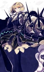  1girl armor armored_dress bad_id bad_pixiv_id blonde_hair blood_on_cheek blue_eyes blue_skirt bluetenbin breastplate closed_mouth dress frilled_skirt frills highres looking_at_viewer pauldrons phalanx_(sekaiju) phalanx_2_(sekaiju) sekaiju_no_meikyuu sekaiju_no_meikyuu_3 short_hair shoulder_armor skirt solo spiked_armor spikes standing white_background 