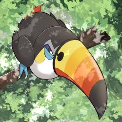  beak bird black_eyes black_feathers blue_sclera branch colored_sclera commentary_request feathers half-closed_eyes highres in_tree kuma_no_gyuunyuu-ya-san no_humans pokemon pokemon_(creature) pokemon_focus talons toucan toucannon tree 