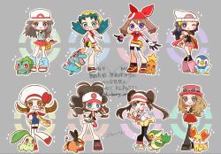  +_+ 6+girls artist_name bag bandana baseball_cap beanie bike_shorts bike_shorts_under_shorts black_pantyhose black_vest blue_overalls blueberry_24k blush boots bow bow_hairband brown_hair bucket_hat bulbasaur chikorita commentary_request cutoffs denim denim_shorts donut_hair_bun double_bun duffel_bag exposed_pocket eyelashes eyewear_on_headwear fanny_pack fennekin floating_scarf glasses hair_bun hairband hat hat_bow high_ponytail highres hikari_(pokemon) hilda_(pokemon) holding holding_poke_ball kris_(pokemon) leaf_(pokemon) loose_socks lyra_(pokemon) may_(pokemon) mega_ring multiple_girls newsboy_cap one_eye_closed open_clothes open_mouth open_vest overalls pantyhose pink_boots pink_hat pink_skirt piplup poke_ball poke_ball_(basic) poke_ball_print poke_ball_symbol pokegear pokemon pokemon_(creature) poketch ponytail porkpie_hat red_bandana red_hairband red_scarf red_shirt red_skirt rosa_(pokemon) scarf serena_(pokemon) shirt short_hair shorts skirt sleeveless sleeveless_duster sleeveless_shirt smile snivy socks sparkle sparkling_eyes sunglasses teeth tepig torchic totodile twintails vest visor_cap vs_seeker watch watch white-framed_eyewear white_hat wristband yellow_bag yellow_hat yellow_shorts 